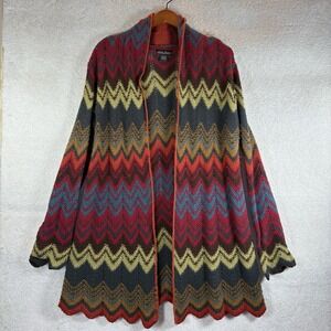 North River Colorful Chevron Long Open Cardigan Sweater ‎ Lambswool Blend Size L